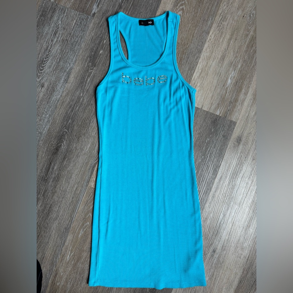Bebe Aqua Sleeveless Top with Rhinestone Logo
